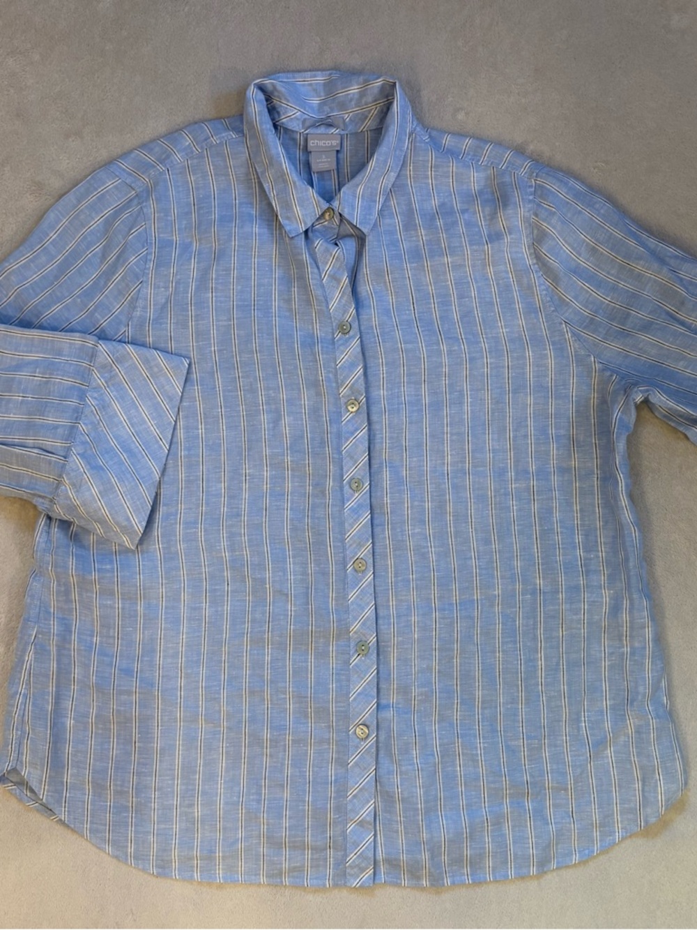 Chico's Linen No Iron Light Blue & White Striped Button-Down Shirt Sz 3